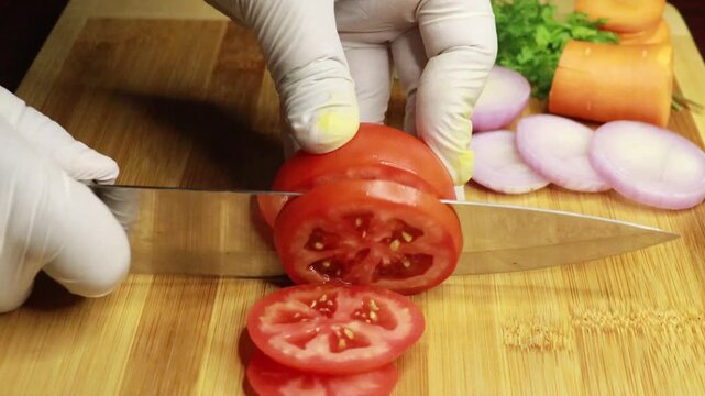 Chef chopping fresh tomatoes with a knife on a wooden board. Tomato cutting closeup. Place fresh tomato slices on a cutting board. Healthy food preparation concept.
