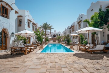 Fototapeta premium Wide View of Relaxing Pool Area with White Buildings and Green Trees at Sharm El Sheikh, Egypt