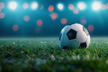 Fototapeta premium Soccer ball on a field under stadium lights. Nighttime sports scene. Capturing the essence of football. High-quality image for sports promotions and events. Generative AI