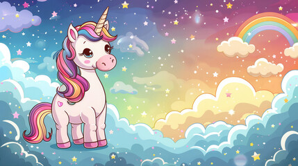 Naklejka premium simple cartoon happy unicorn walking around clouds, stars and rainbow with many colors kids style
