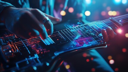 Close-up of a hand playing electric guitar with glowing neon lights.