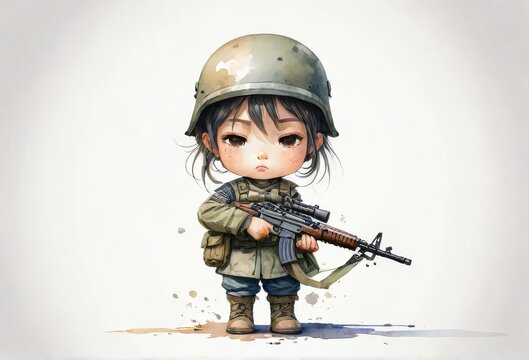 recommend clip art: watercolor image of an fulllength female soldier с оружием в руках chibi style character