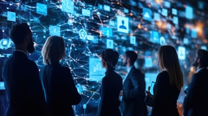 Business people looking at a large screen with network data.