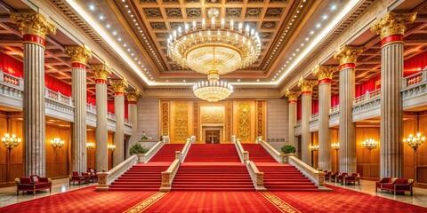 Obraz premium Majestic Great Hall of the People in Beijing, China, with grand staircase, ornate chandeliers, and red pillars, exuding opulence and national pride.