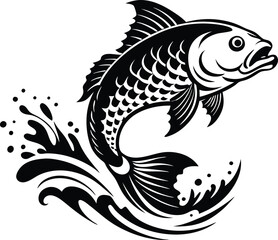 fish with water wave illustration black and white