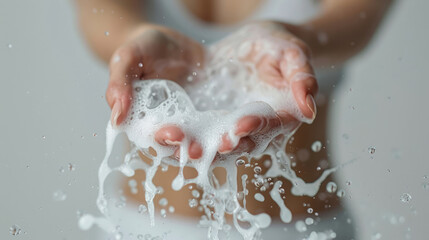 Fototapeta premium close-up of white foam soap in woman's hand on light background