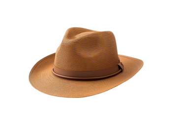 A Tan Straw Fedora With a Leather Band, Isolated on a White Background on a White or Clear Surface PNG Transparent Background.