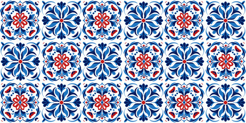 
traditional blue and red Turkish tiles, seamless pattern