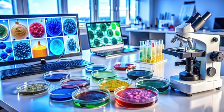 Microscopic slides and petri dishes filled with colorful specimens sit alongside scattered notes, charts, and computers in a cluttered, high-tech laboratory workspace.