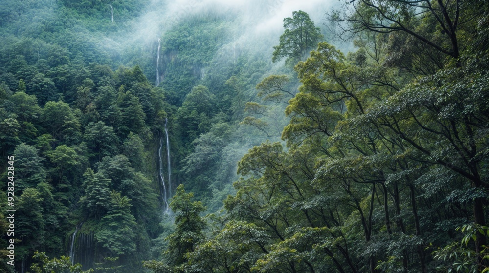 Poster a misty forest scene featuring cascading waterfalls and lush green trees, creating a tranquil and im