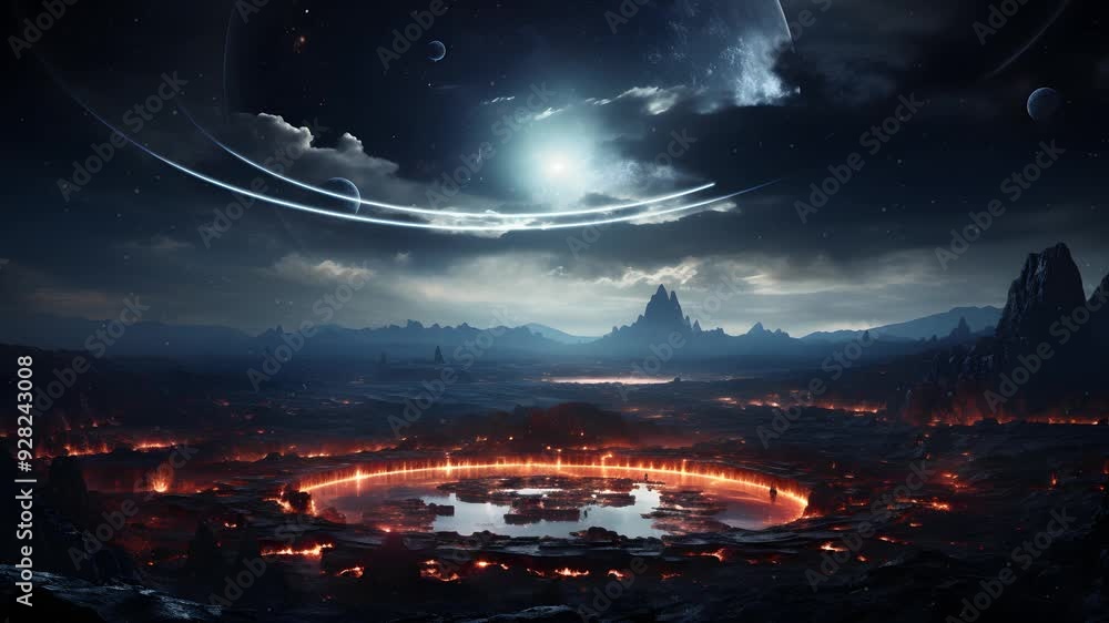 Poster a mesmerizing view of an alien planet with a fiery lake and a distant star system.