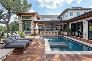 Modern Farmhouse in Austin with Wooden Deck, Outdoor Kitchen, and Poolside Seating for Socializing