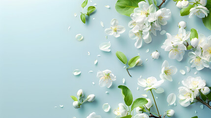 Obraz premium Delicate white apple blossoms with green leaves on a light blue background.