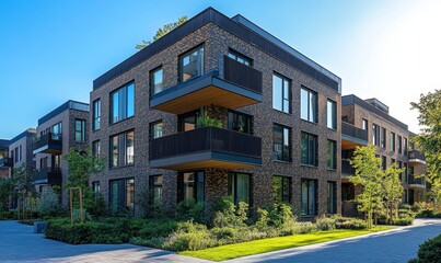 Obraz premium Moderne Neubau Immobilien, MehrfamilienhÃ¤user in neuer Wohnanlage in der Stadt, Generative AI
