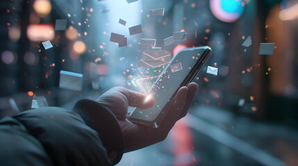 Hand holding smartphone with email notifications.