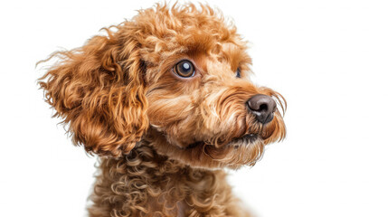 Fototapeta premium Close-up portrait view of adorable Red Toy Poodle dog head and face looking from side view isolated on white background