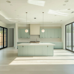 Fototapeta premium An empty kitchen with pastel mint green cabinets, white countertops