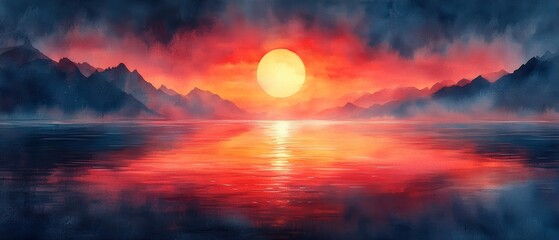 Fototapeta premium A breathtaking sunset over tranquil water, with vibrant colors reflecting in the lake, surrounded by misty mountains.