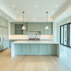 Fototapeta premium An empty kitchen with pastel mint green cabinets, white countertops