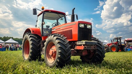 Obraz premium Red tractor on a sunny day at an agricultural fair.