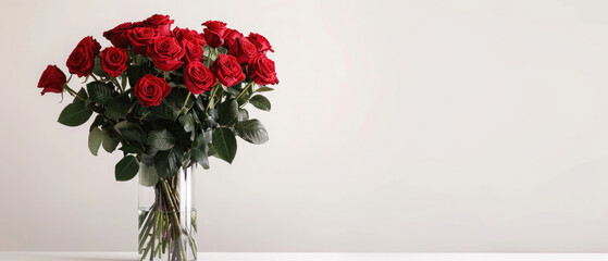 Obraz premium A bouquet of blooming Roses flowers in a vase on a table isolated on minimalist clean white background