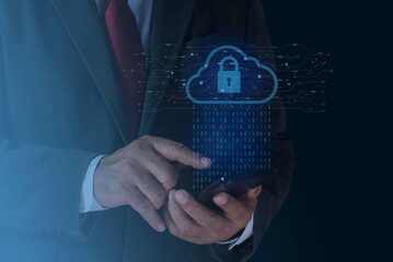 Businessman hosting cloud storage for backup personal data and device network. download, upload document file system in cyber security. Technology Concept of cybersecurity