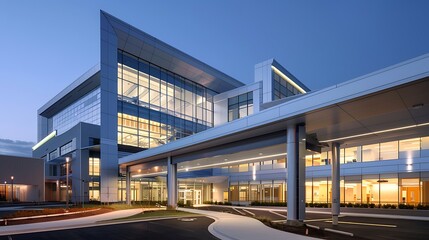 Fototapeta premium Modern exterior of a hospital building with architectural design glass facade for advanced medical facility presentation healthcare innovation structure concept.