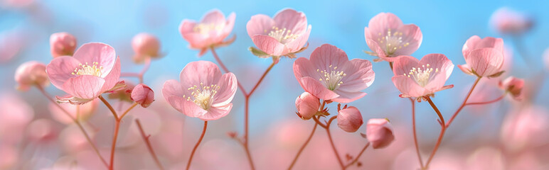 Obraz premium Blooming Pink Cherry Blossoms against a Clear Blue Sky in Springtime