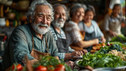 Joyful Elderly Chef Preparing Fresh Vegetables in a Busy Kitchen