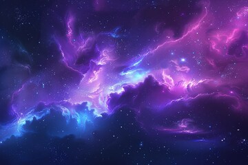 Obraz premium Colorful Galaxy Nebula Background in Purple and Blue with Stars and Smoke, Cartoon Style Watercolor Vector Design