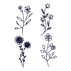 Hand drawn flat design simple flower outline isolated set