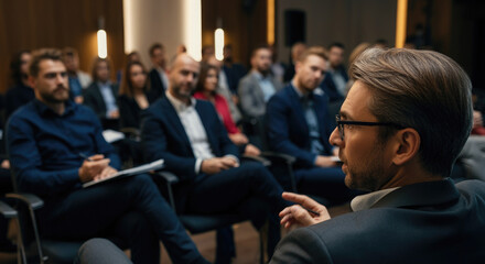 Obraz premium Speaker at business conference, audience, or presentation hall.