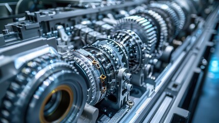 Automotive Transmission. Gearbox Cross-Section with Engine Components for Oversize Trucks and Vehicles