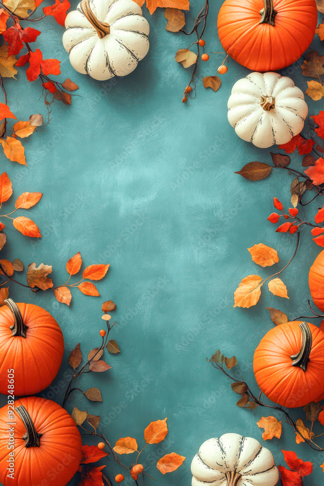 Wall mural autumn composition with bright colorful pumpkins and autumn leaves on a teal background with copy sp