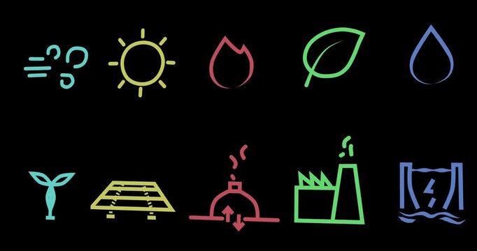Sustainable, icons and process with green energy for global environment, life cycle and eco friendly of animation chain. Nature, illustration and renewable information, resources value and climate