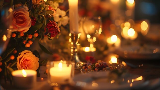 close-up view of Photographer beautifully decorated table setting with candles roses and floral arrangements for romantic ambiance warm elegant dining concept.