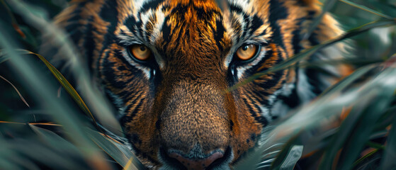 The face of a wild Sumatran tiger animal appeared with a sharp gaze peek among the long green leaves in the middle of the forest