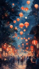 A magical night scene filled with glowing lanterns illuminating a bustling street, creating a warm and enchanting atmosphere.