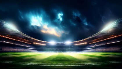 Dramatic Wide-Angle View of Empty Stadium Under Stormy Sky