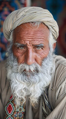 "Elderly Man with Turban and Long Beard Showing Wisdom and Experience in Traditional Clothing"