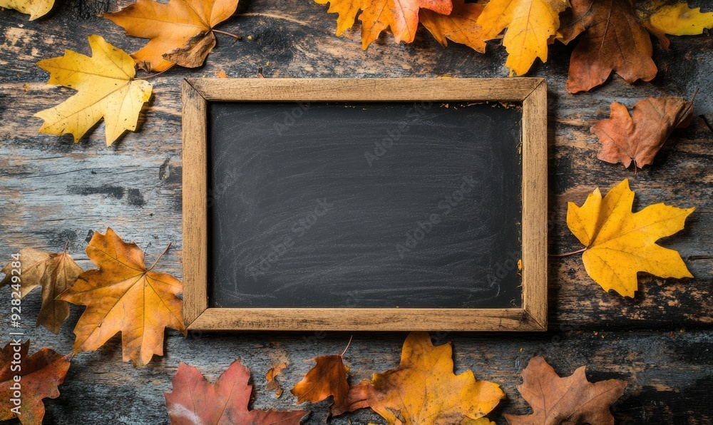 Wall mural Empty board on a countertop, surrounded by colorful leaves