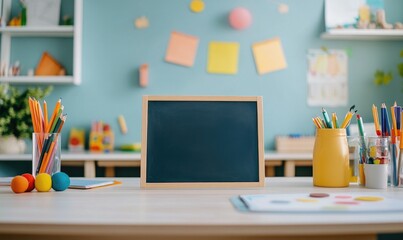 Empty board on a countertop, surrounded by school-themed decorations