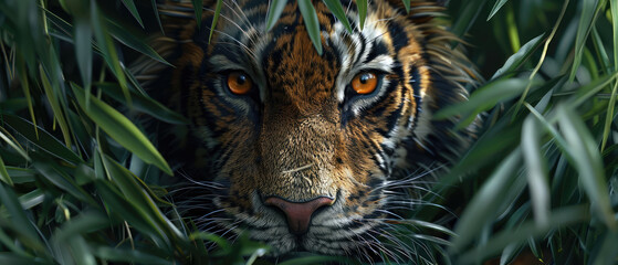 The face of a wild Sumatran tiger animal appeared with a sharp gaze peek among the long green leaves in the middle of the forest