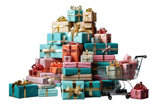 A Mountain of Gifts Awaits in a Festive Shopping Cart on a White or Clear Surface PNG Transparent Background.