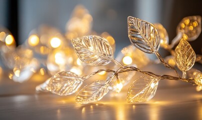 Garland of glass leaves and warm lights, cozy fall theme
