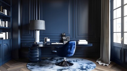 
A beautifully designed modern home office featuring a stylish blue chair, elegant lamp, and organized desk against a dark blue wall creating a calm and productive work environment.

