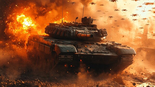 A tank surrounded by enemy drones in a futuristic war zone, with the tanks anti-aircraft guns firing at the swarming machines.