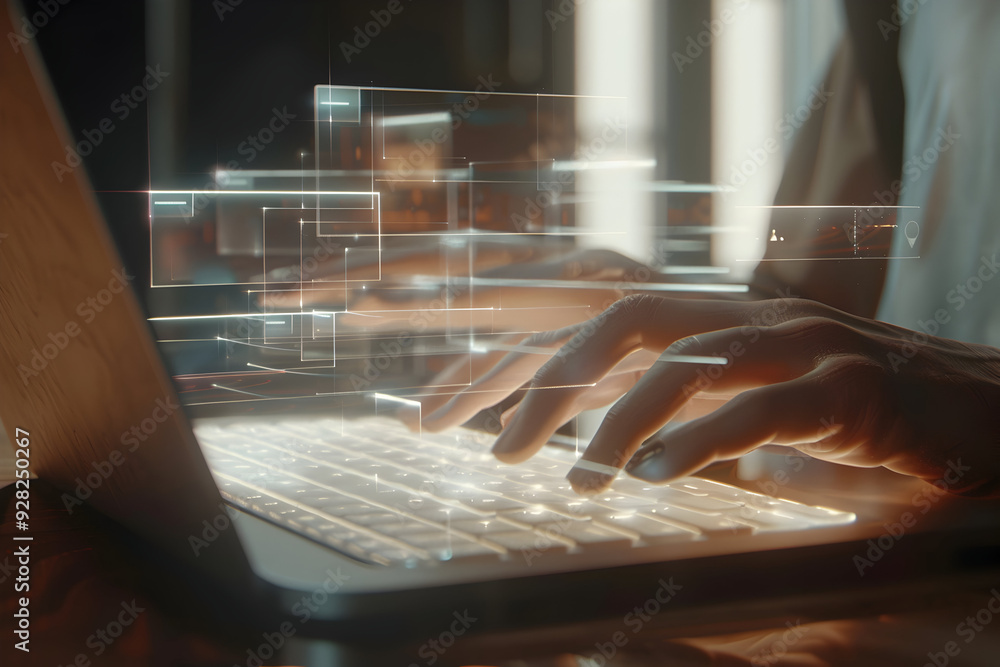 Poster close-up of hands typing on a laptop keyboard, glowing lines of code.