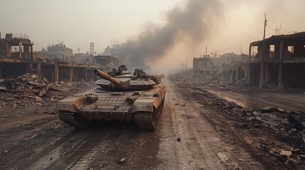 A tank navigating through a destroyed village, with smoke rising from charred buildings and rubble scattered across the road.