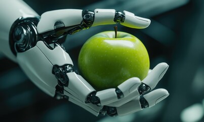Robot fingers gently holding a green apple
